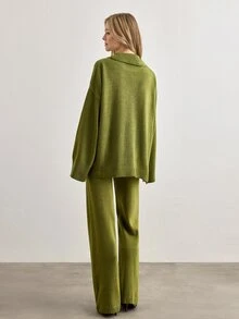 SHEIN Olive Green Heathered Knit Two Pieces Set With Collared Sweater And Wide Leg Pants - Green - View 2