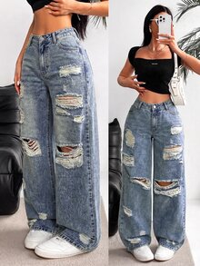 SHEIN Tall Women's Loose Distressed Denim Jeans - Blue - View 1