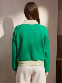 Nima Coro Letter Print Contrast Color Stand Collar Zip-Up Long Sleeve Sweatshirt Suitable For Daily Wear - Green - View 2
