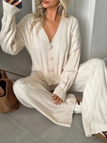 SHEIN طقم نسائي من قطعتين للاسترخاء: كنزة قصيرة محبوكة بأضلاع مع سحاب وياقة وهمية وبنطال واسع الساق - أبيض - مشاهدة 6