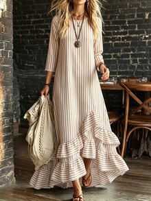 SHEIN Women Striped Round Neck 3/4 Sleeve Maxi Dress, Asymmetrical Ruffle Hem Loose Fit Casual Long Dress For Daily Vacation - Multicolor - View 1