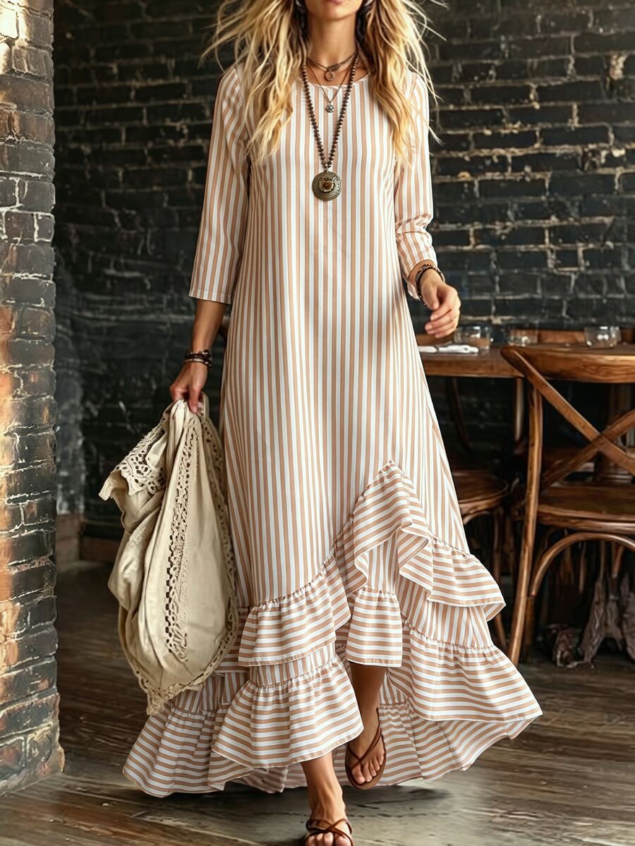 SHEIN Women Striped Round Neck 3/4 Sleeve Maxi Dress, Asymmetrical Ruffle Hem Loose Fit Casual Long Dress For Daily Vacation - Multicolor - View 1