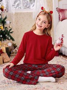 SHEIN 親子情侶/兄弟姊妹套裝 青少年女孩休閒簡約格紋修身圓領短袖長褲居家服 適合秋冬聖誕節聖誕派對 - 紅色 - 查看 8