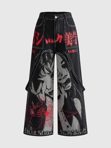 ROMWE Grunge Punk Japanese Punk Plus Size Women's Wide Leg Denim Jeans, Cartoon Character Spider Web Print Black & Red Contrast Design, Punk Music Festival Street Long Pants - Black - View 1