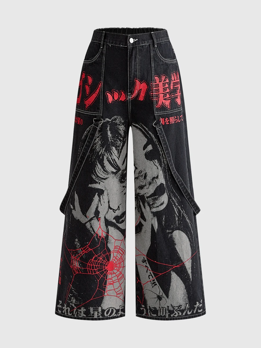 ROMWE Grunge Punk Japanese Punk Plus Size Women's Wide Leg Denim Jeans, Cartoon Character Spider Web Print Black & Red Contrast Design, Punk Music Festival Street Long Pants - Black - View 1