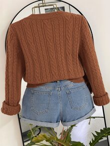 INAWLY Caramel Cable Knit Cardigan, Round Neck Pearl Button Short Vintage Soft Style Plus Size Women's Sweater - Brown - View 2