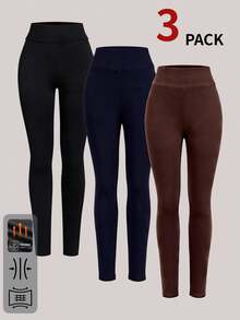 SHEIN BASICS Legging Ketat Wanita Warna Polos Kasual Serbaguna untuk Pemakaian Sehari-hari, 3 pcs/pack - MultiWarna - View 1