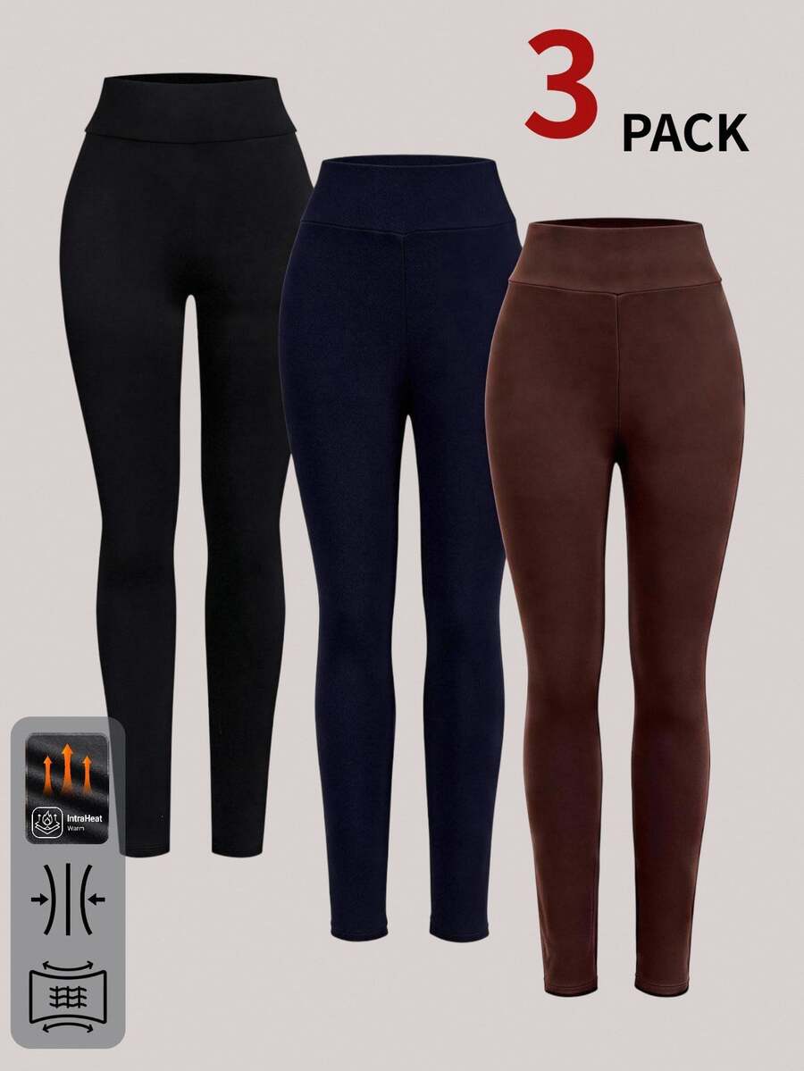 SHEIN BASICS Legging Ketat Wanita Warna Polos Kasual Serbaguna untuk Pemakaian Sehari-hari, 3 pcs/pack - MultiWarna - View 1