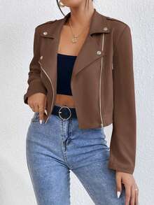 SHEIN 女款棕色前拉鍊長袖翻領口袋百搭夾克 - 棕色 - 查看 8