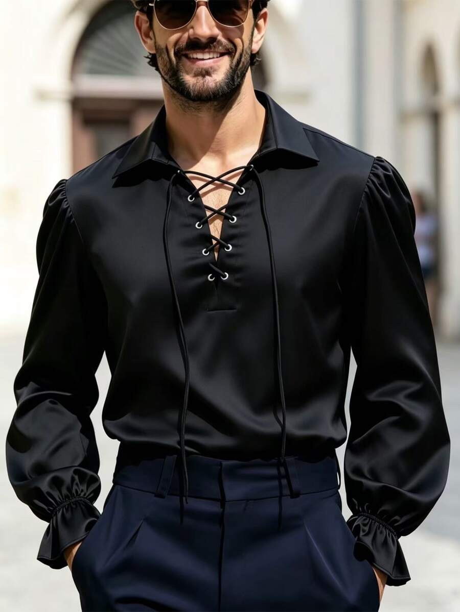 Manfinity AFTRDRK Men's Solid Color Tie Collar Design Fashion Shirt - Black - View 1