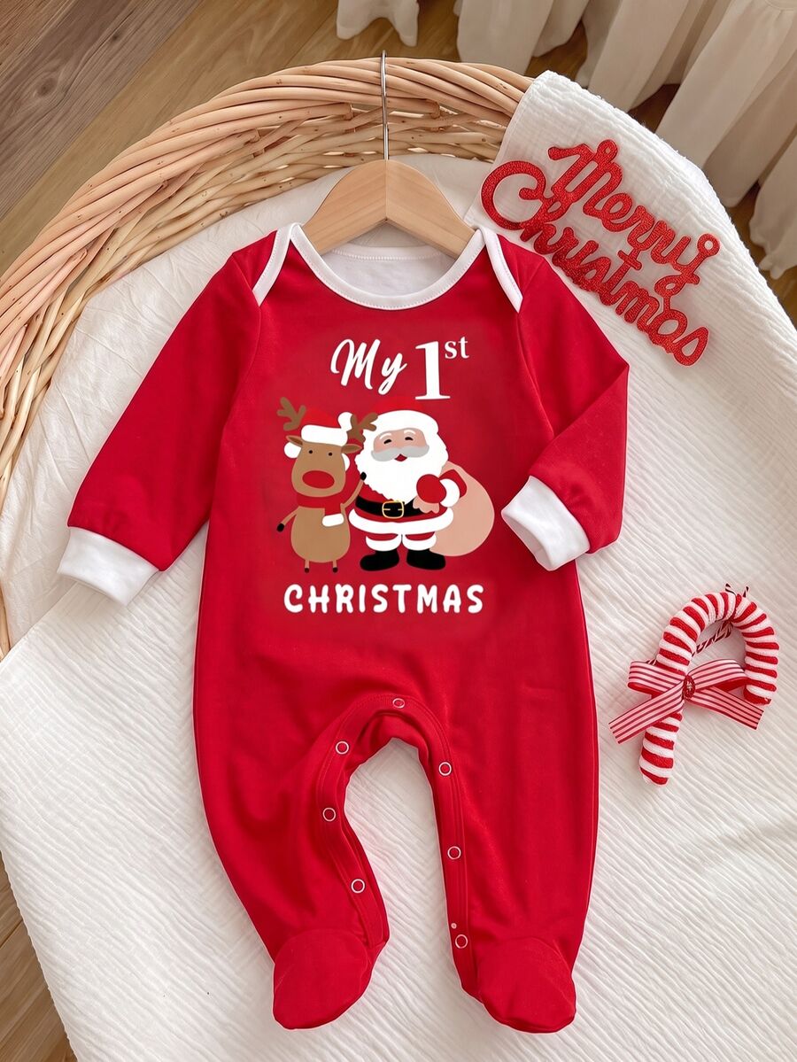 Newborn Baby Cartoon Christmas Pattern Round Neck Long Sleeve Home Romper - White - View 1