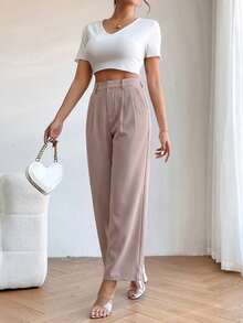 SHEIN PETITE High Waist Plicated Detail Straight Leg Black Pants - Khaki - View 4