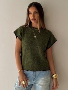 Aloruh Women's Round Neck Contrast Trim Shell Embroidery Sweater Vest, Suitable For Daily Wear - Army Green - View 5