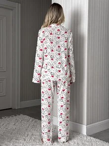 SHEIN Women 2 Pcs Button Front Hearts Pattern Homewear Cute Long Sleeve Pjm Set Sleep Shirt+Pants - Multicolor - View 2