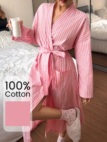 Napfluff رداء نسائي طويل من القطن 100% مخطط مع جيوب، ملابس منزلية كاجوال - بطيخ وردي اللون - مشاهدة 6