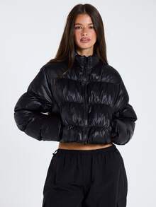 MUSERA Jaket Puffer Hitam Oversized Pendek untuk Wanita, Pakaian Kasual Musim Gugur dan Musim Dingin - Hitam - View 1