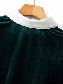 GlowEve CURVE Plus Size Contrast White Collar Fuzzy Two Pieces Outfit, Button Front Long Sleeve Shirt Top And Wide Leg Pants Set - Green - View 3
