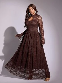 Viva Relle Romantic Lace Long Sleeve Cinched Waist A-Line Full Skirt Maxi Dress - Brown - View 3