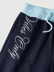SHEIN Celana Jogging Anak Perempuan Remaja Motif Patchwork dengan Tali Serut di Pinggang dan Warna Kontras - Biru - View 3