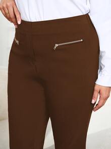 Plus Size Women Solid Color Casual Daily Wear Long Pants - Brown - View 4