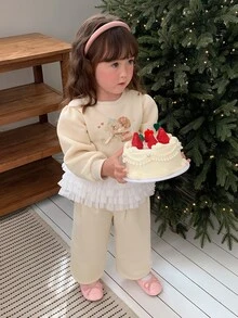 DAZY Set Sweatshirt Bayi Perempuan (Leher Bulat Lengan Panjang Motif Jala 2 Potong) - Aprikot - View 3