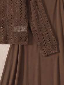 EMERY ROSE Middle-Aged Women Solid Color Slimming Spaghetti Strap Dress With Round Neck Hollow Long Sleeve Top Set - Rust Brown - View 5