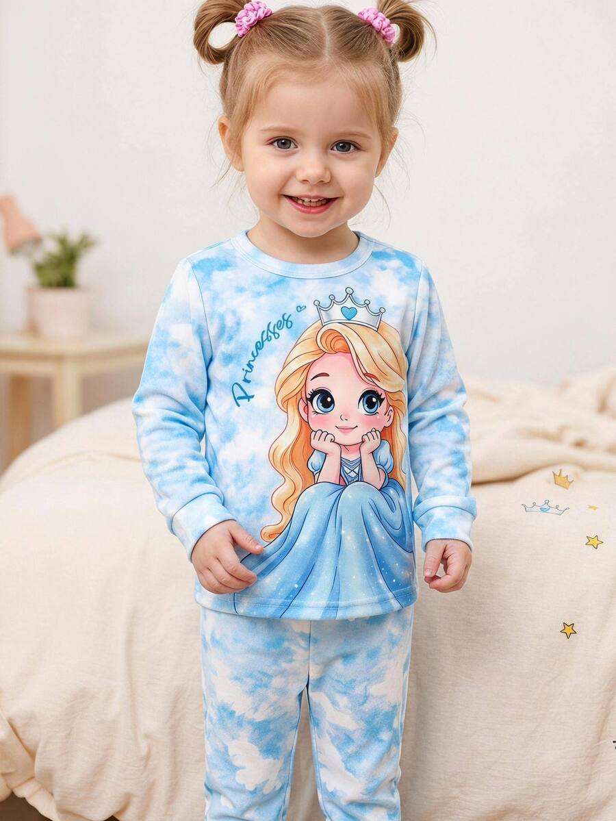 SHEIN Cute Cartoon Print Pattern Fitted Pajama Set For Baby Girls - Blue and White - View 1