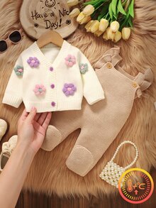 SHEIN 新生兒 3D 花朵裝飾長袖上衣與針織長褲套裝 - 駝色 - 查看 1