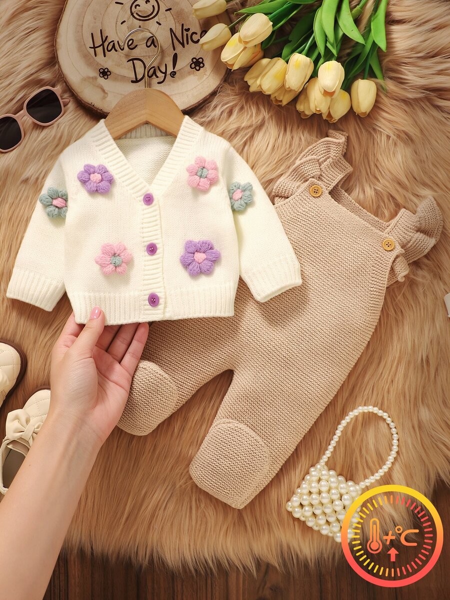 SHEIN 新生兒 3D 花朵裝飾長袖上衣與針織長褲套裝 - 駝色 - 查看 1