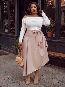 Slaydiva Plus Size Women's Skirt, Khaki Tie Waist Asymmetrical Slit Flowy Midi Skirt Fall - Khaki - View 8