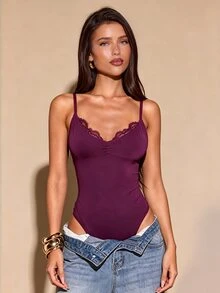 SHEIN BAE 女款春夏黑色蕾絲拼接V領細肩帶連身內衣 - 中紫紅色 - 查看 4