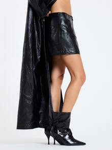 MUSERA Rok Mini Hitam PU Pinggang Rendah untuk Wanita, Pakaian Kasual Musim Gugur dan Musim Dingin - Hitam - View 3