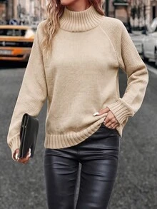 SHEIN 女款百搭羅紋拼接袖口套頭毛衣 - 米色 - 查看 3