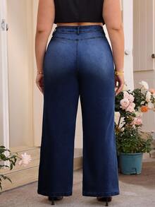SHEIN PETITE CURVE 大尺碼女款鈕扣休閒日常牛仔褲 - 藍色 - 查看 2