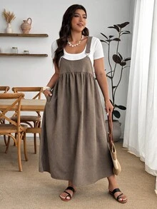 Enliva Plus Size Autumn Plaid Sleeveless High Waist Pinafore Midi Dress Apple - Brown - View 6