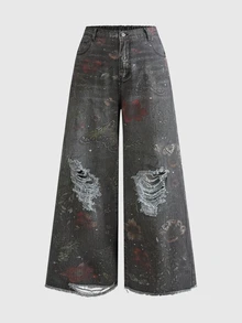 ROMWE Fairycore Mori Style Vintage Plus Size Women's Wide Leg Denim Jeans With Butterfly Floral Print And Distressed Design, Slimming Loose Fit Long Pants For Daily Streetwear - Black - View 1