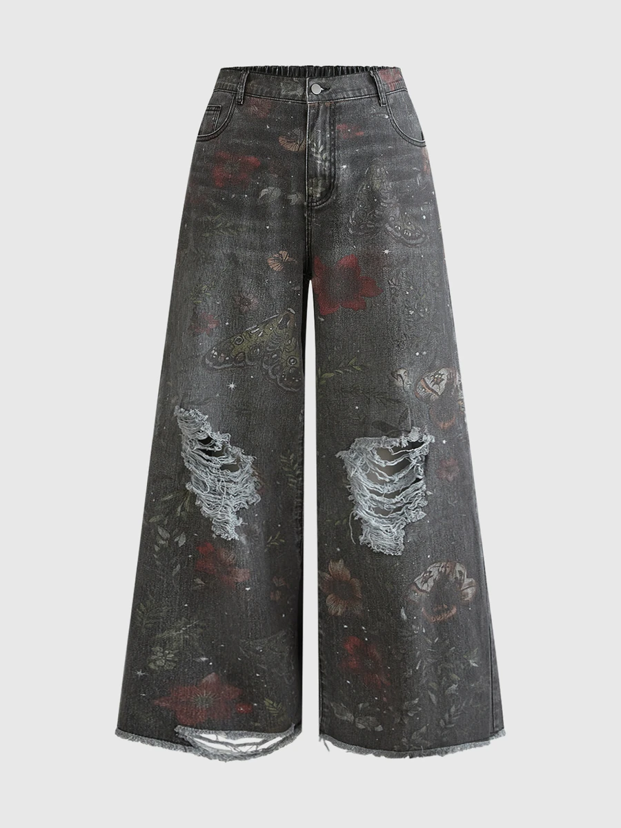 ROMWE Fairycore Mori Style Vintage Plus Size Women's Wide Leg Denim Jeans With Butterfly Floral Print And Distressed Design, Slimming Loose Fit Long Pants For Daily Streetwear - Black - View 1