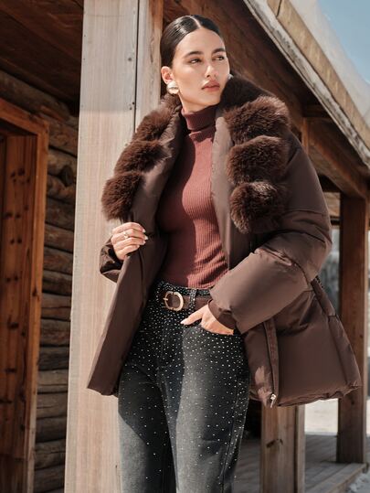 Anewsta Women's Fur Collar Patchwork Casual Versatile Winter Padded Coat