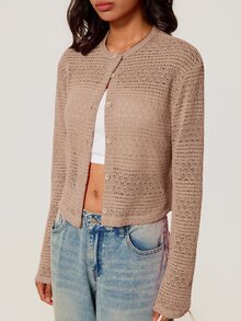 SHEIN BASICS 女款優雅鏤空鈕扣針織薄款開襟衫 - 卡其色 - 查看 4