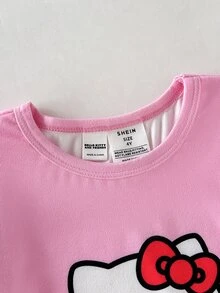 HELLO KITTY AND FRIENDS | SHEIN Set Piyama Rumahan Kasual Sehari-hari untuk Anak Perempuan, Atasan Lengan Panjang dan Celana Motif Kartun - Berwarna merah muda - View 5