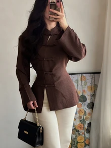 Celisse Women's Brown Frog Button Asymmetrical Collar Stand Collar Flared Sleeve Long New Chinese Style Shirt, Elegant Commute, Spring/Autumn - Brown - View 3