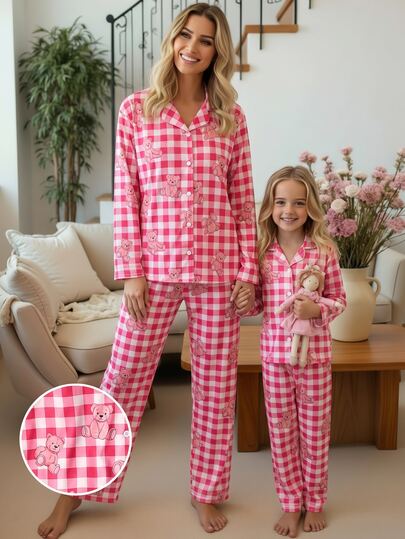 SHEIN Women's Minimalist Fashion Pink Heart Print Long Sleeve Cardigan Top And Pants 2 Pieces Loungewear Set