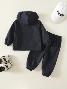 SHEIN 2件組男嬰秋冬拼接色連帽長袖套頭衛衣與鬆緊腰長褲套裝，嬰兒幼兒藍色套裝 - 彩色 - 查看 2