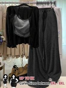 SHEIN CURVE+ 針織純色前扣開襟衫配條紋飾邊，修身抽繩細肩帶背心，優雅休閒通勤日常出遊長褲大尺碼2件套 - 黑與白 - 查看 1