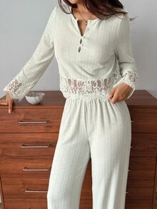 DAZY Women's Lace Patchwork Long Sleeve Top And Pants Casual Daily Home Sleepwear Set - Green - View 6