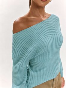 SHEIN BAE 秋冬新款女式時尚百搭優雅時尚純色針織修身抓皺休閒毛衣 - 霧霾藍 - 查看 7