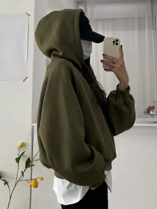 DAZY 女款純色連帽寬鬆短版運動衫 - 軍綠色 - 查看 2