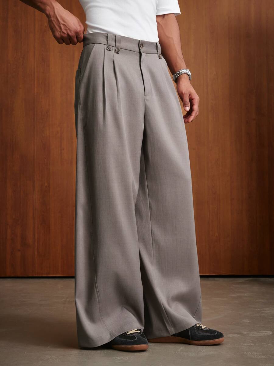 TOKVUE Men's Solid Color Pleated Wide Leg Loose Casual Long Pants - Gray green - View 1