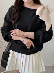Dazy Plus Contrast Color Cold Shoulder Dropped Shoulder Long Sleeve Bowknot Loose Casual Versatile Pullover Sweater Spring Autumn New Arrival - Black - View 2