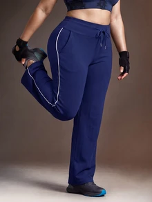 Powerista Women's Plus Size Navy Blue & White Contrast Color Drawstring Tie Waist Sports Pants - Navy Blue - View 5